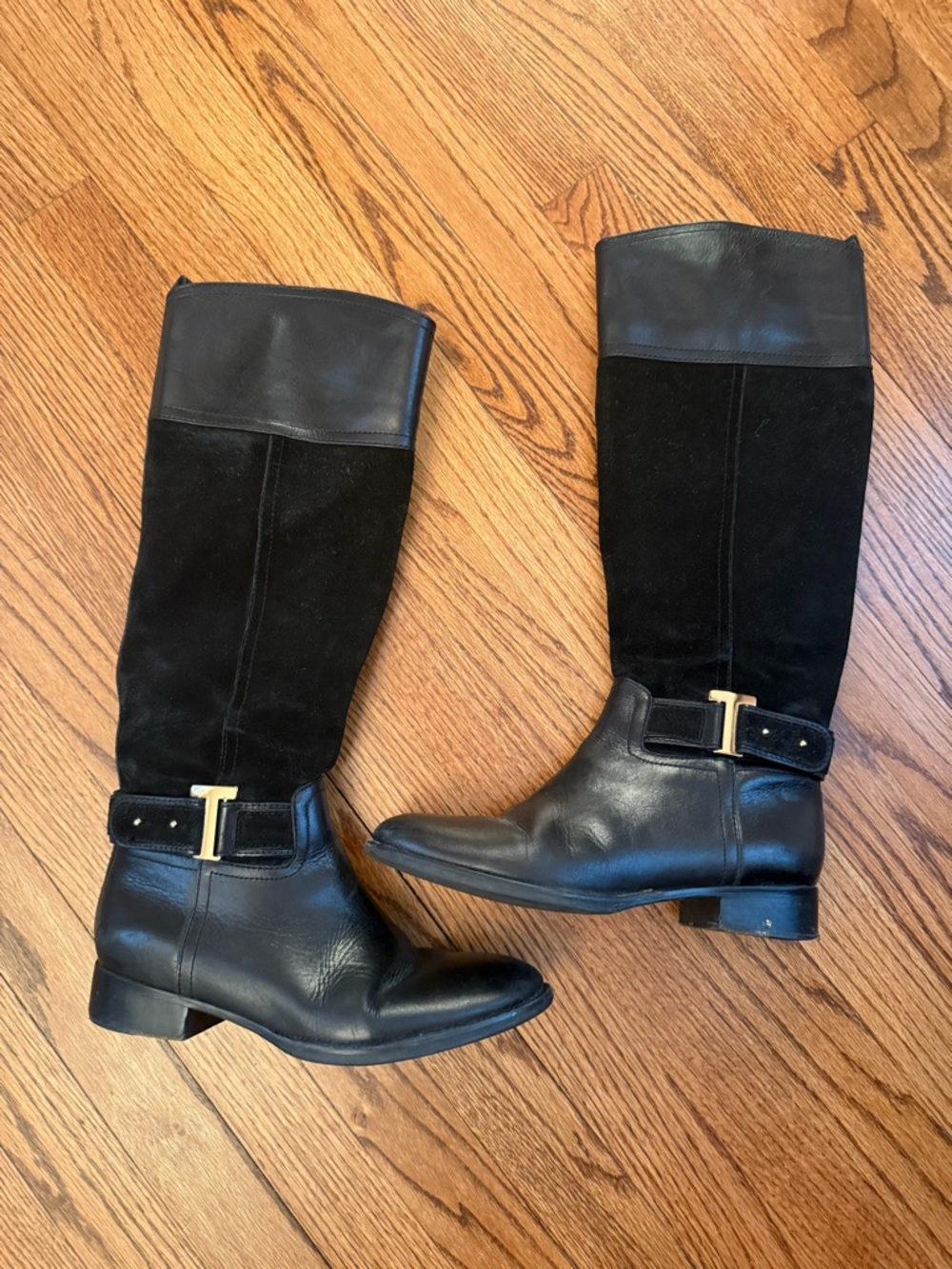 Tory Burch Black Leather & Suede Tall Boots with Gold-Tone Buckle